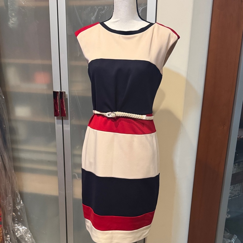 Maggy London Navy, Cream & Red Colorblock Midi Sheath Dress
